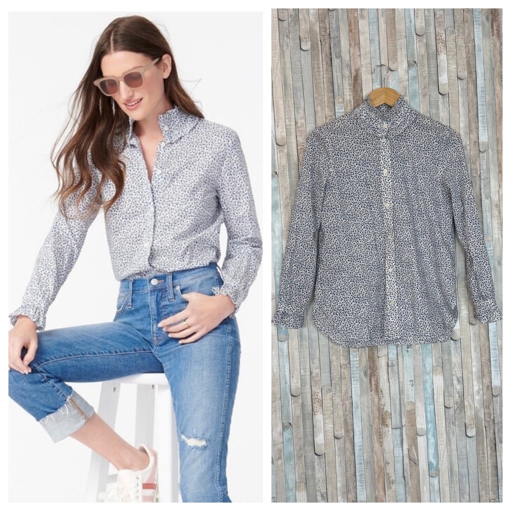 J Crew 4 Liberty Fabric Ed Floral Ruffle Collar Classic Fit Shirt Blue White Top